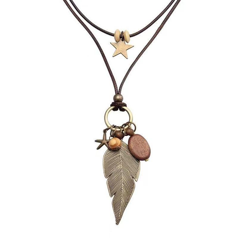 Vintage Leaf Star Beaded Choker Pendant Necklace for Women Leather Chain Festival Daily  Chain Jewelry Party Gift