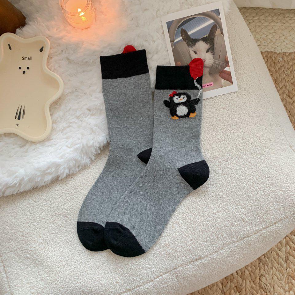 Trendy Cute Penguin Cotton Mid-Calf Women's Socks - Original Boneless Design for Autumn and Winter
