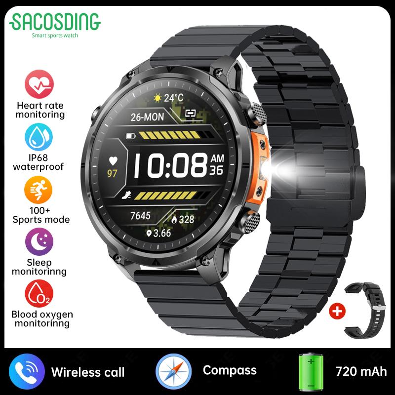 SACOSDING Smart Watch Men Outdoor Sports GPS Positioning Flashlight Altitude Air Pressure BT Calling Health Monitoring Smartwatch