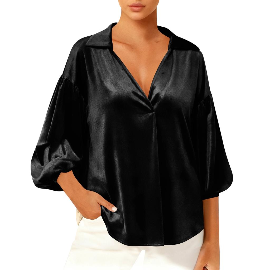 Women's Ffashionable Color Seven Quarter Sleeve Sleeve Lapel Gold Velvet Loose Top