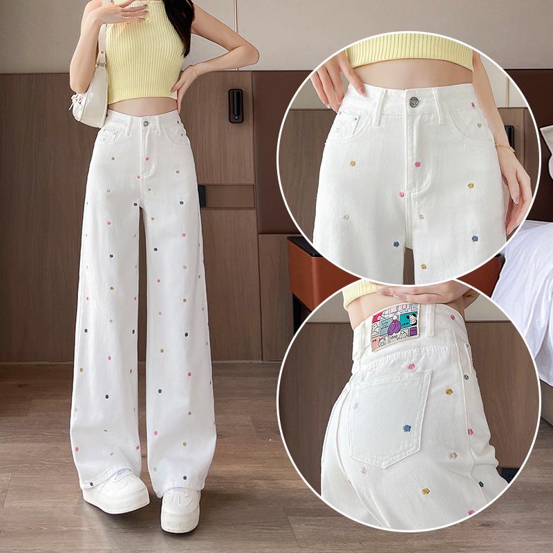

Petite Plus Size Winter White Floral Embroidered Wide Leg Jeans L грязно-белый