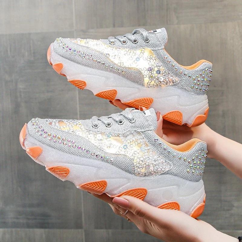 Damen Strass Pailletten Sneaker Schnürschuhe Lässige Dad Schuhe Frühling Atmungsaktiv Dicke Sohle Trainer Zapatilla Deportiva Mujer