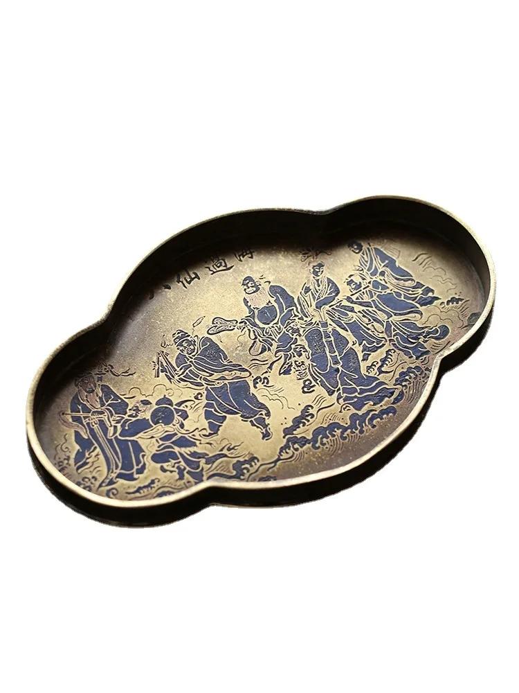 Tea Art Song Style Antique Pure Copper Painted Pot Tray Handmade Brass Pot Mat Copper Tea Tray Dry Teapot Platform Tea Table