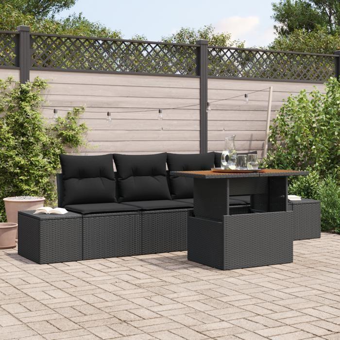 VidaXL Ensemble de salle à manger de jardin 5 pièces avec coussins en poly rattan noir et acacia 3349897