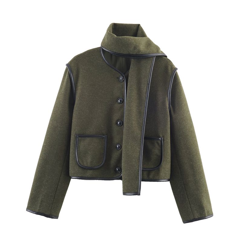 

Za Export New Arrival Women s Clothing ZR Fashion Style Fashionable Temperamental All-Match Casual Woolen Pu Edge Scarf Outwear Dark green L