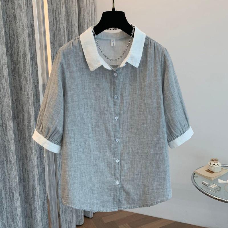 Lapel Contrast Color Quarter Sleeve Shirt Women's Retro Versatile Commuting Casual Loose Top