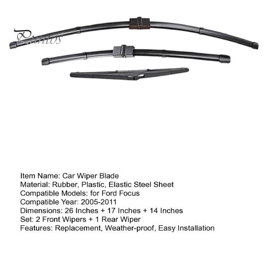 Weather-Proof Wiper Blades 3Pcs/Set Car Kit for Ford Focus 2005-2011, 26/17/14-inch Front Replacement Wipers Rear Kit, Auto Windshield Beam