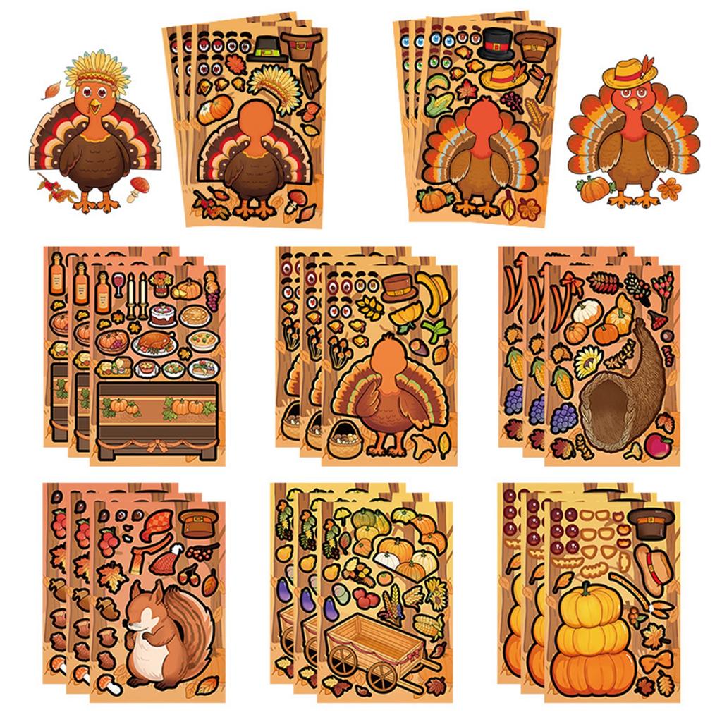 8 Thanksgiving Puzzle Face-changing Stickers, Cartoon Turkey And Squirrel Children's Cute Puzzle Diary DIY Stickers