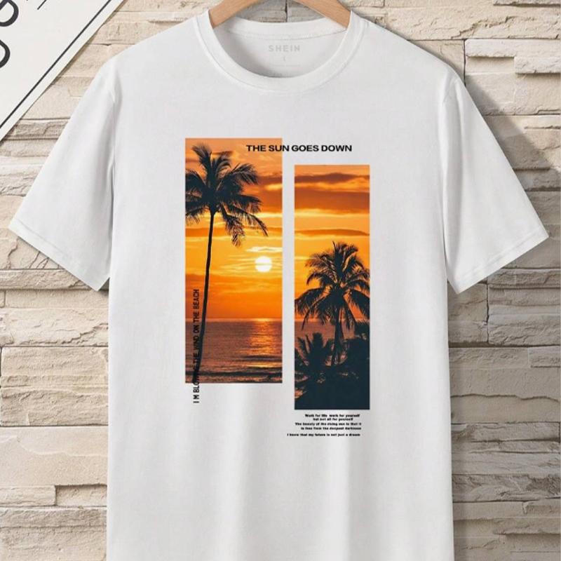 New Summer Men's Fashion T-shirt Sunset Coconut Tree Printed Men's T-shirt Top
