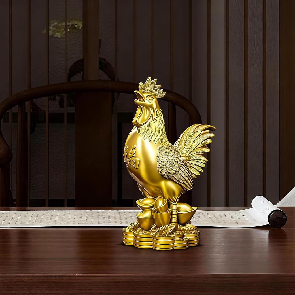 Aris & Juno Brass Rooster Feng Shui Statue – Chinese Wealth & Good Luck Figurine for Entryway, Home Office Desk or Shelf Decor, Gift for Boss,
