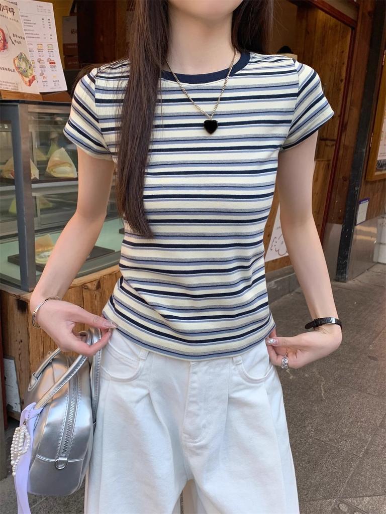 American retro contrasting striped round neck short-sleeved T-shirt women's summer new slim-fitting versatile foreign-style top tide