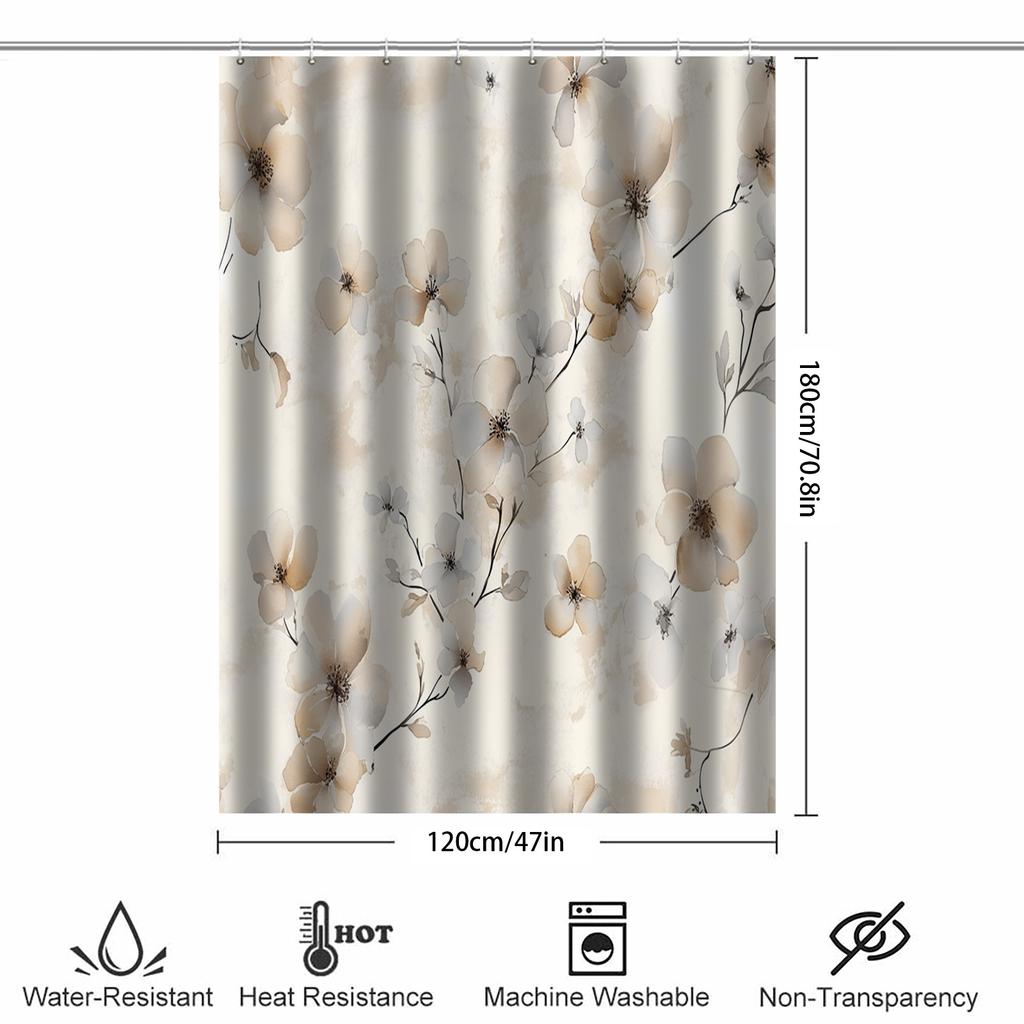 1Pc High Quality Floral Watercolor Shower Curtain - Beige And Honey Wheat Yellow Forest Theme, Machine Washable With Hooks