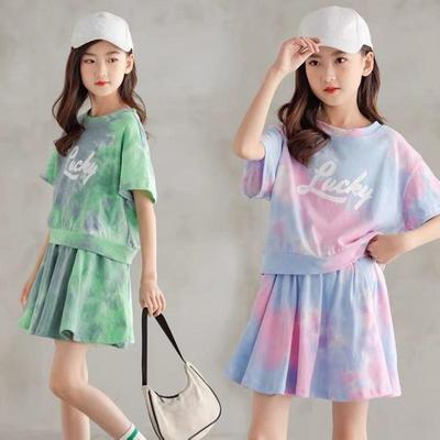 Dziewczęce garnitury tie-dye, letnia wersja koreańska, duże dzieci, małe dziewczynki, spódnice z krótkim rękawem, spodenki, dwuczęściowe, trendy