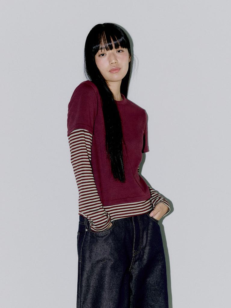 OAFISH Stripe Layered Long Sleeve, Burgundy