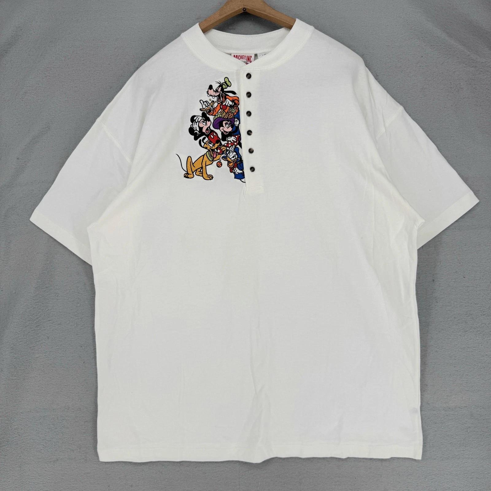 Vintage Mickey Inc T-Shirt Mens L/XL White Henley Disney Embroidered Mickey Goofy 3XL