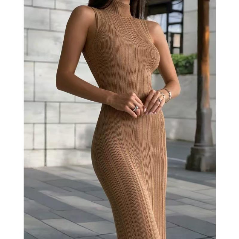 Knitted Turtleneck Sleeveless Tight Skirt Spring and Summer New Mid-length Skirt Elegant French Dress for Women