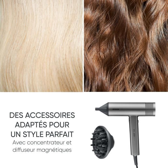 Sèche-cheveux ionique - severin - ht 0169 - s-style speed pro - concentrateur &amp; diffuseur magnétiques - 2000 w - gris et noir