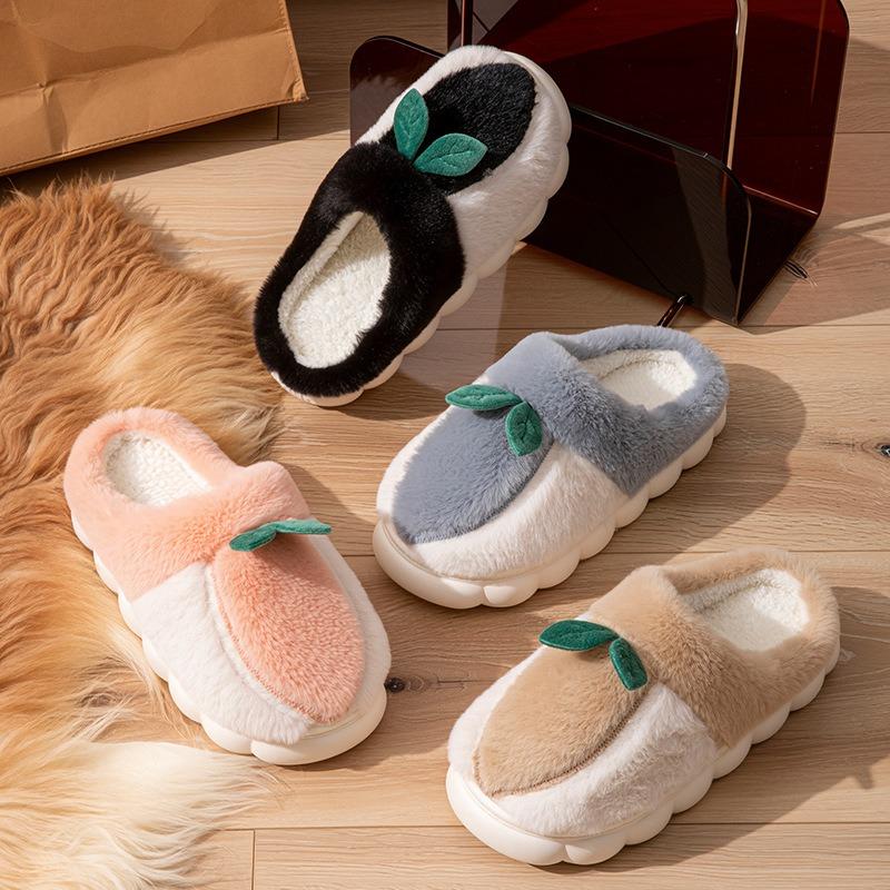 Home Plush Cotton Slippers Women's Autumn and Winter Indoor Soft Bottom Non-slip Plush Warm Couple Strawberry Leaf Cotton Mop