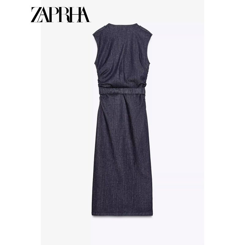 Zaprha 2025 New Arrival Retro Casual with Belt Ruched Denim Midi Skirt Dress Waist 3394576