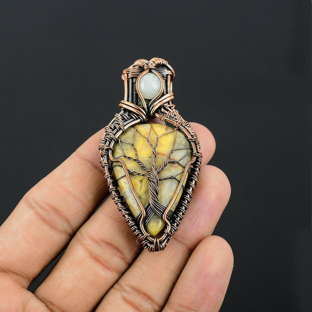Crzay Lace Agate & Rainbow Moonstone 999 Copper Wire Wrapped Pendant Handmade Gemstone Jewelry, Gifts For Wife Brand New Pendant