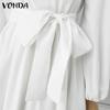 VONDA Women Plus Size Fashion Solid Color Stand Collar Pocket Long Sleeve Dresses