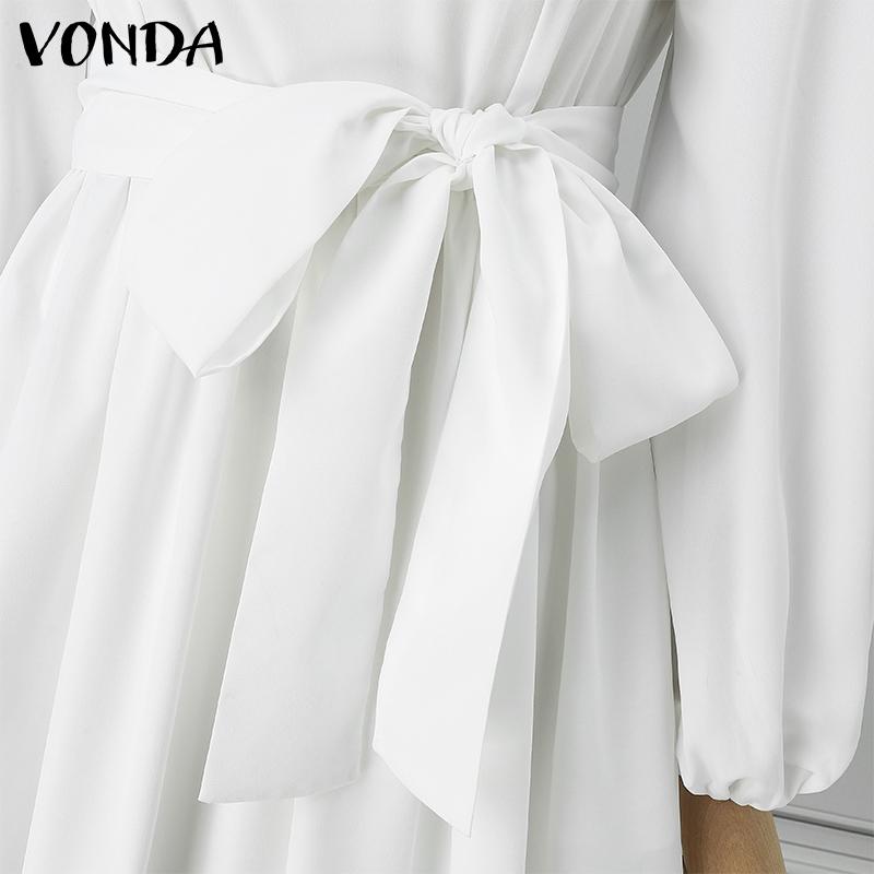 VONDA Women Plus Size Fashion Solid Color Stand Collar Pocket Long Sleeve Dresses