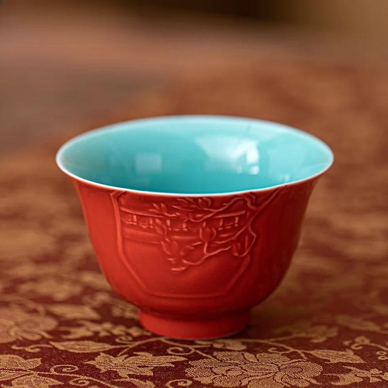 2pc/lot Palace Museum Red Carving Jade Orchid Teacup Traditional Tea Bowl Cute Cup Personal Cup Chazhan Master Cups Teaware 60ml