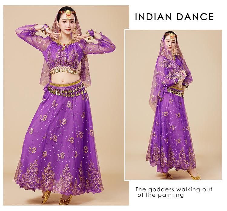 Fantasia de Apresentação de Dança do Ventre Indiana Huayu - Conjunto de Vestido de Manga Comprida de Chiffon para Mulheres