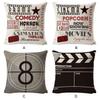 Cinema Pattern Letters Cushion Cover Easy To And Clean Premium Linen Home Decoration Cushion Cover