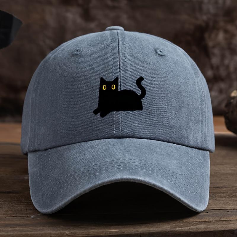 Adjustable black cat printed baseball cap, outdoor fishing casual cap, comfortable headwear