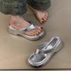 Sweet leopard print high-heeled flip-flops, elegant temperament with skirt, toe, thick bottom, cool slippers.