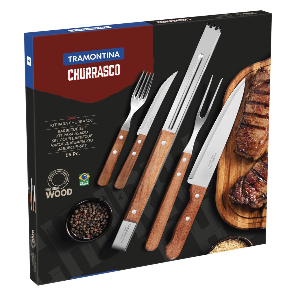 Tramontina Dynamic Natural Wood Handle Barbecue Kitchen Tool Set Churrasco Tool Durable Stainless Steel Large Size Natural Wood Respect for the Aged