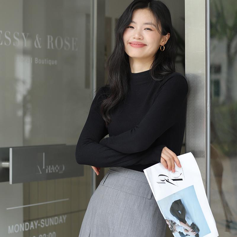 Long Sleeve Female Cold Basic Warm Shirt Bottom Shirt Autumn and Winter Puffed Half High Neck Tops Outer Wearing High Neck Inner Knitting Sweater