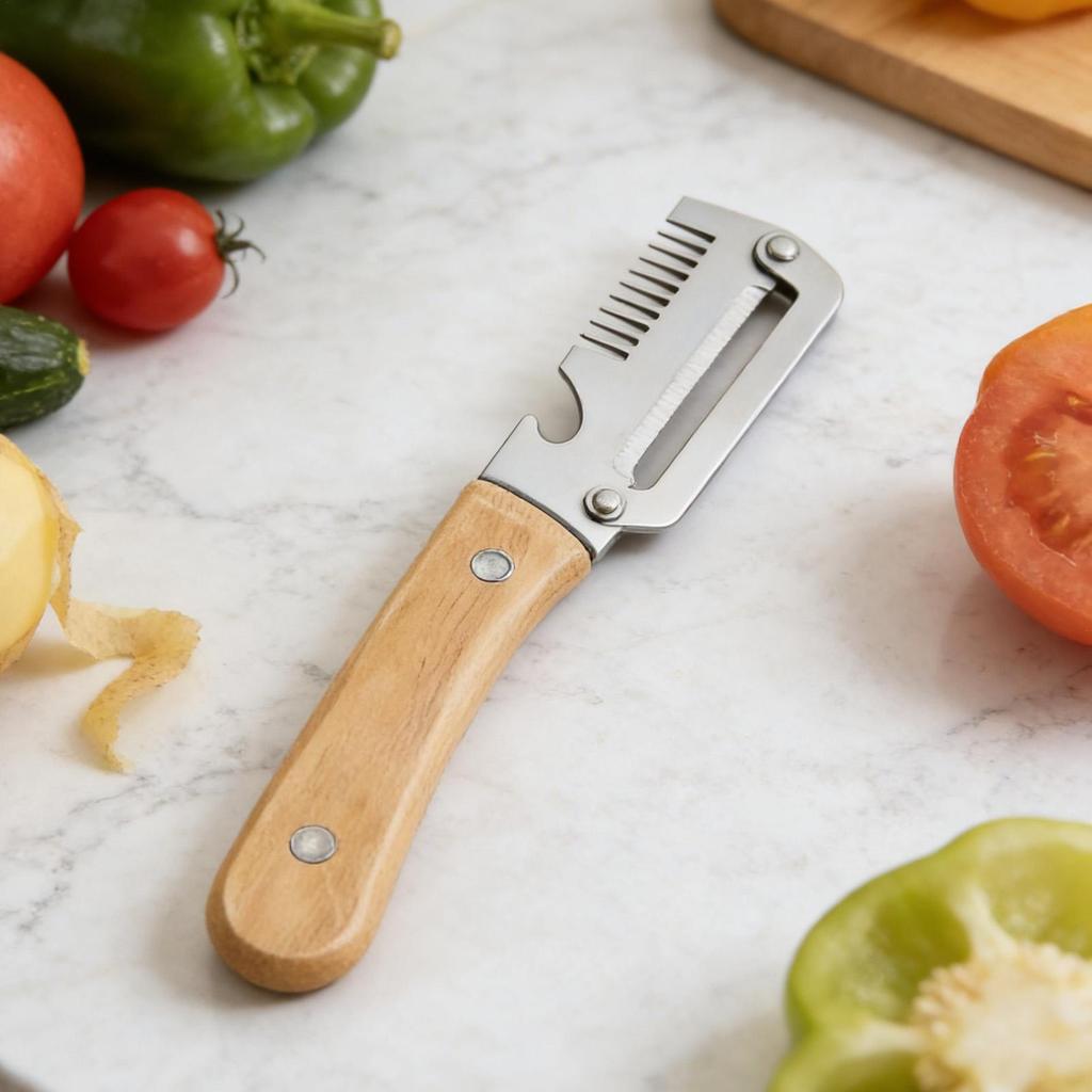 2 Stück Multifunktionale Gemüseschäler mit Holzgriff zum Schälen und Schneiden von Obst und Gemüse mit Flaschenöffner