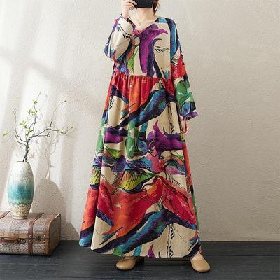 Long Sleeve Plus Size Cotton Linen Vintage Floral New In Dresses for Women Casual Loose Spring Autumn Dress