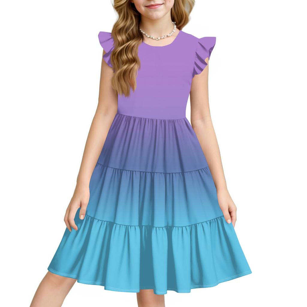 Summer Children's Dress Girls Print Gradient Casual Cute Round Neck Princess Dress