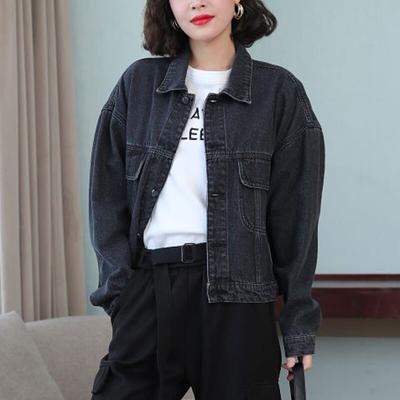 Solid Black Drehen Unten Kragen Tops Frauen Lose Jeans Jacke Mit Tasche Koreanische Mode Denim Jacken Herbst Casual Kleidung 29276