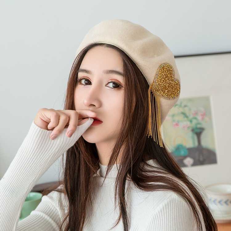 New Love Tassel Beret Korean Warm Hat for Women's Retro Woolen Painter Hat Versatile Beret Hat