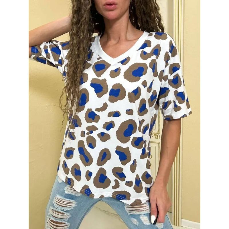Fashion T-shirt Women's Summer Y2k Clothes 3d Leopard Print V-neck Short-sleeve Tops Tees 2023 Oversized T Shirt Woman Clothing