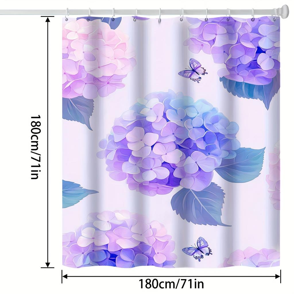 Vibrant Floral Butterfly Shower Curtain - Purple & Blue Hydrangea Art Design, All-Season Nature Bathroom Decor