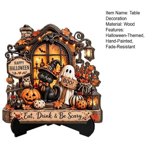 Centros de Mesa de Halloween Cartel de Madera para Mesa, Calabaza Gato Negro Fantasma Casa Encantada Placa Decorativa Manualidades de Relieve Tridimensional con Soporte,