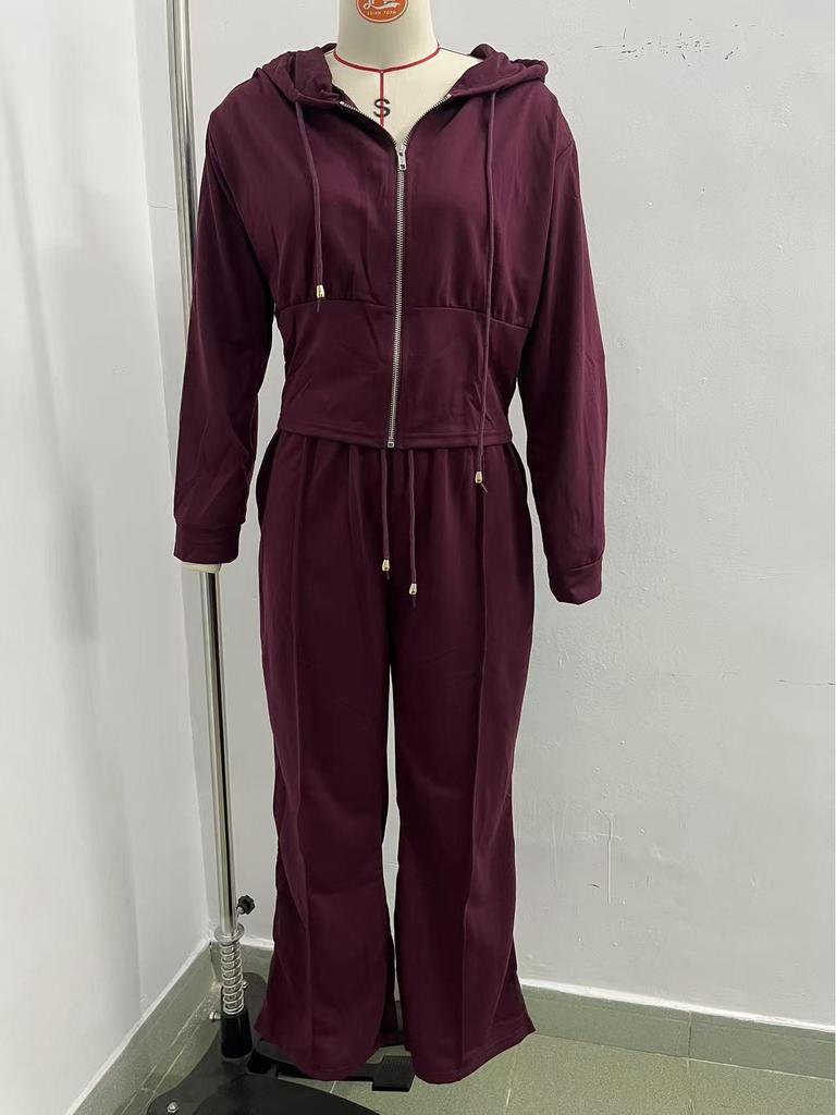 2025 Autumn/Winter European & American Solid Color Hooded Zip-Up Top and Wide-Leg Pants Set