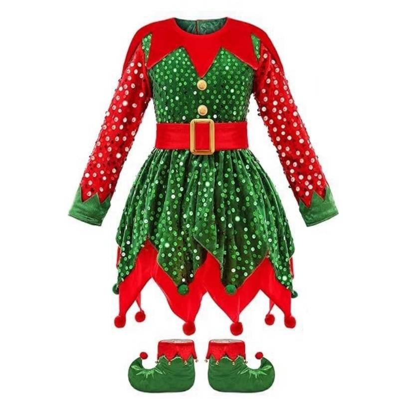 Girl Elf Costume Christmas Holiday Cosplay Dress With Accessories For Kids