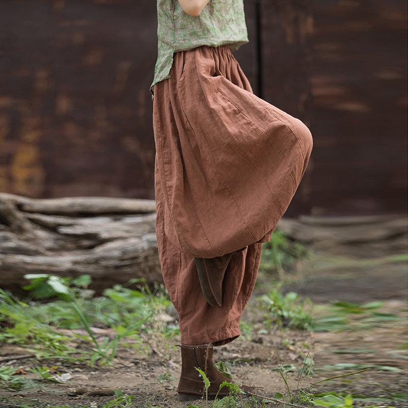 Ramie Cotton Distressed Patchwork Lantern Pants - Women's Spring/Summer Pumpkin Long Pants