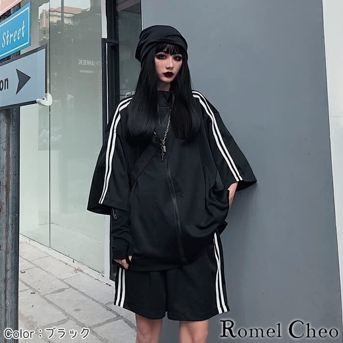 RomelCheo Oversized Tracksuit Short Sleeves and for and Club and and Street Black Set, Shorts, Sports, Exercise, Activities, Men's Women's, Summer,