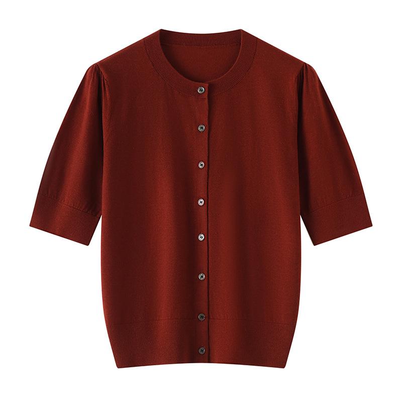 Spring/Summer Women's Silk-Like Round Neck 5-Point Sleeve Cardigan