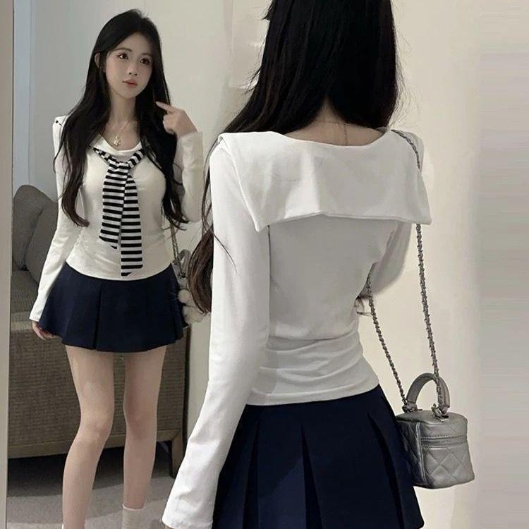 Plus Size Striped Navy Collar Long Sleeve Women s Cropped Top - Autumn Flattering & Slimming Design L (101-120 lbs) белый