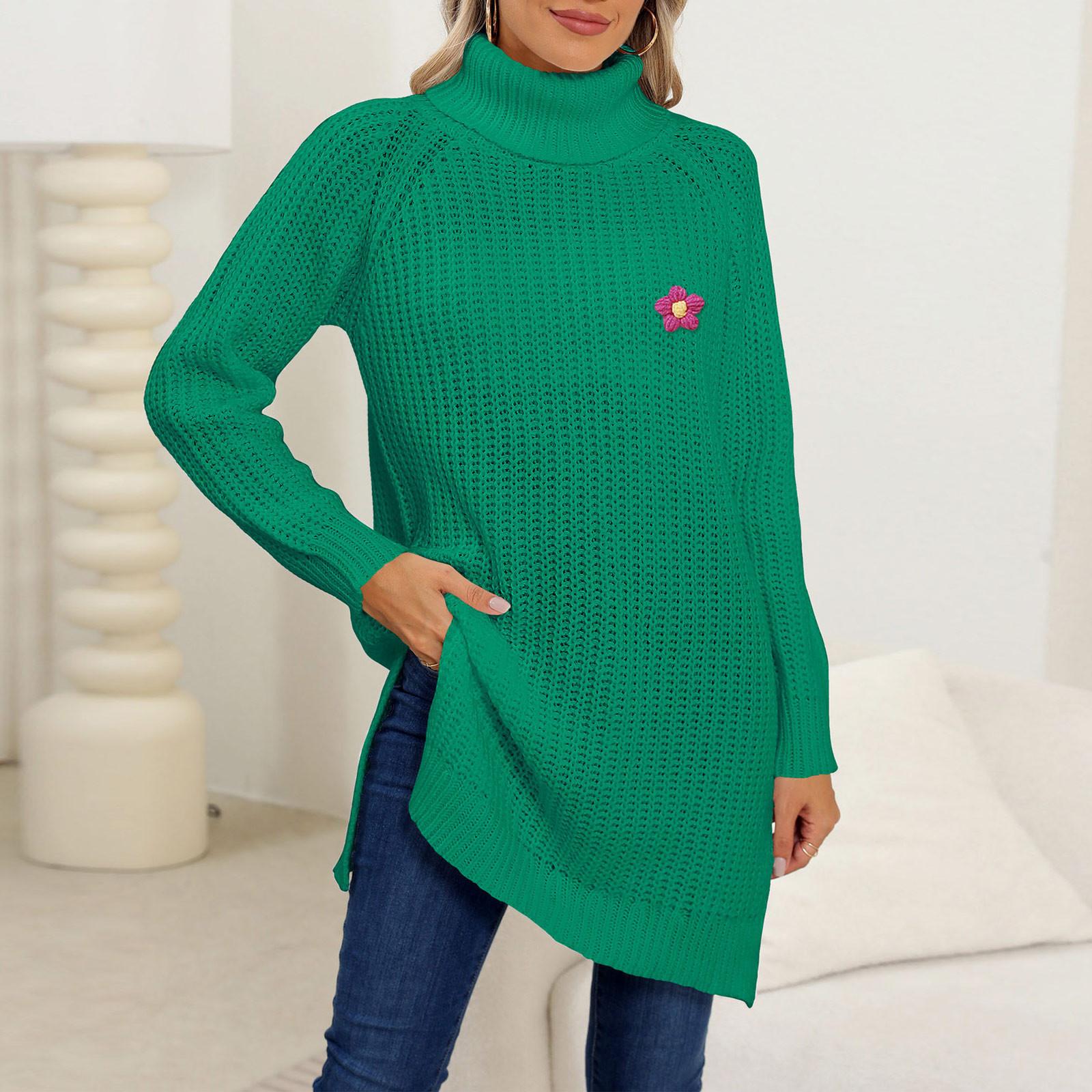 Женский утолщенный свитер связанный вручную крючком водолазка разрез платье-свитер XL зелёный 2598₽