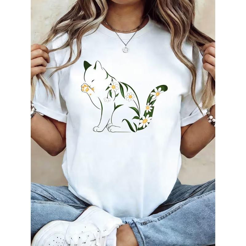 Boho Cottagecore Daisy Cat Graphic Tshirt Unisexs Cute Floral Cat Line Art Print Casual Crewneck Short Sleeve For Daily Wear