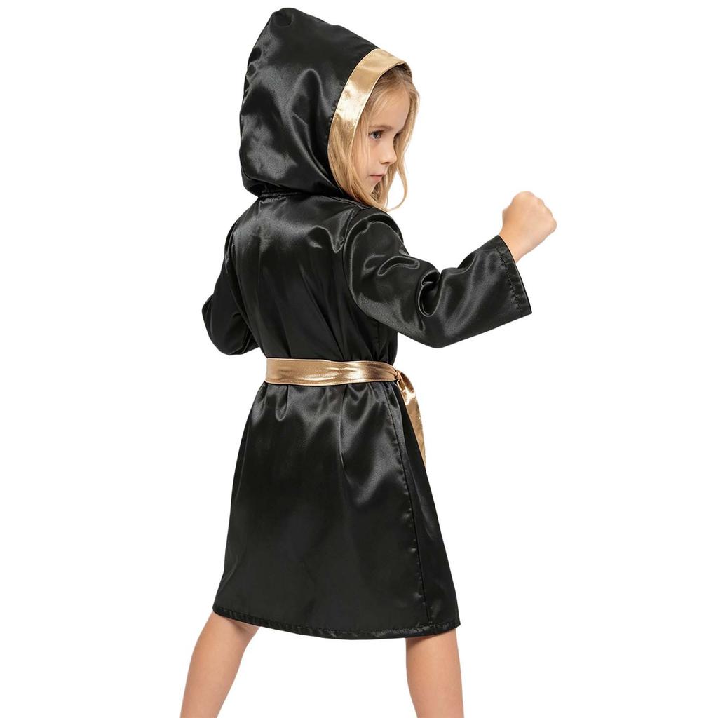 Unisex Kids Fight Wear Floral Vest Shorts Set with Hooded Robe Belt Metallic Trim for Boxing Kickboxing Practice